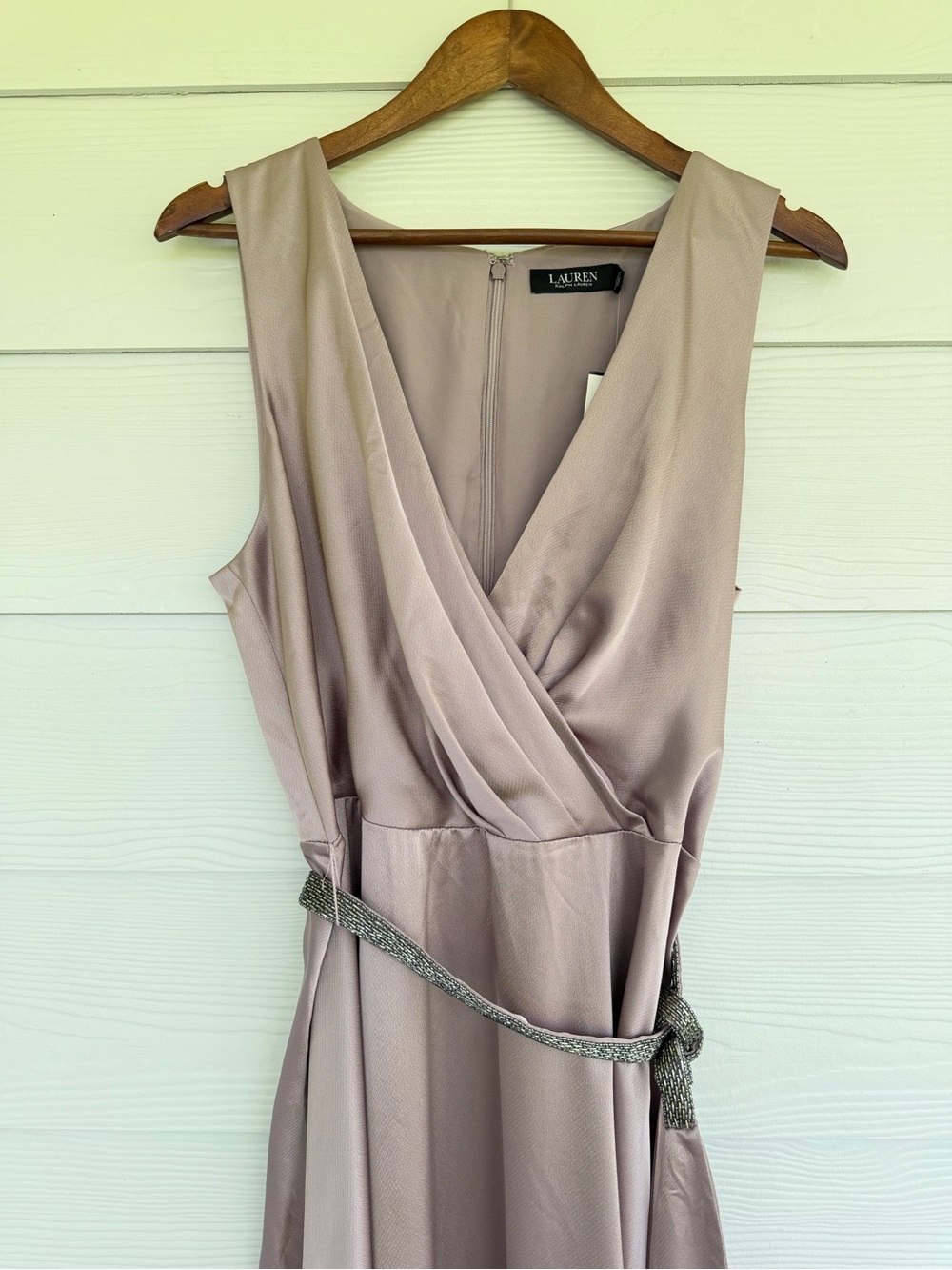 NWT Lauren Ralph Lauren Dress Size 16 Mauve Satin Faux Wrap Midi Beaded Belt - Picture 3 of 11